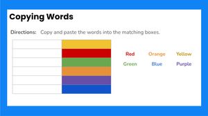 Screenshot of a Google Slide with directions that read "copy and paste the words into the matching boxes". There is a table with six solid colored boxes and a separate list of color names.
