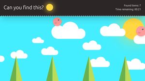 Screenshot of a game with a colorful sky scene showing clouds, trees, and birds. A dark header bar prompts 'Can you find this?' with a sun icon, and displays found items and time remaining.