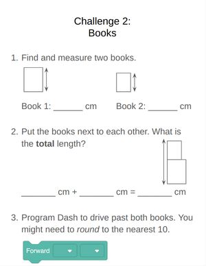 Screenshot of a card labeled Challenge 2: Books with instructions to measure books and program dash to drive their lengths.