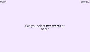 Screenshot of a game with a light lavender background showing the prompt 'Can you select two words at once?' with a timer in the top left and score in the top right.