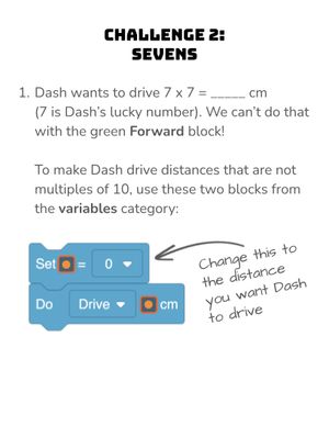 Screenshot of a card labeled Challenge 2: Sevens with instructions to program Dash to move by solving multiplication problems.