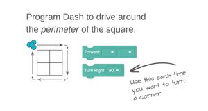 Screenshot of a card that reads "Program Dash to drive around the perimeter of the square" with an image of a Dash robot sitting on a 2x2 grid and two programming blocks that say 'forward ___' and 'turn right 90'.