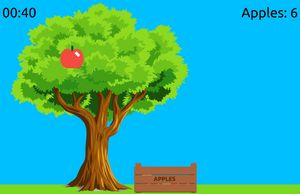 Screenshot of a game with a tree containing a red apple. The base of the tree has a partially filled crate labeled 'apples'.