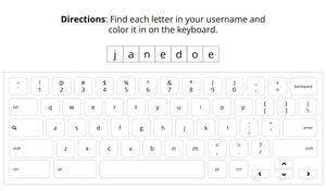 Screenshot of a black and white keyboard with the letters of "janedoe" in boxes above. Directions say "find each letter in your username and color it in on the keyboard".