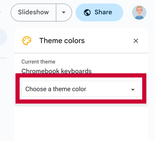 Screenshot of the "theme colors" sidebar with a box around the "choose a theme color" dropdown.