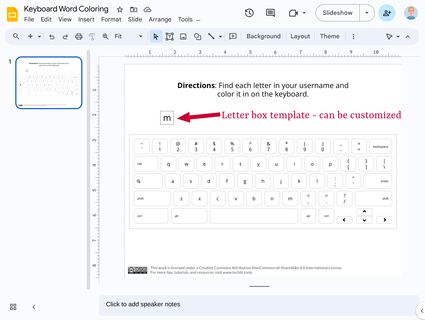 Screenshot of a Google Slide template with a keyboard coloring worksheet. An arrow points to the letter M inside of a box, labeling it as the letter box template.