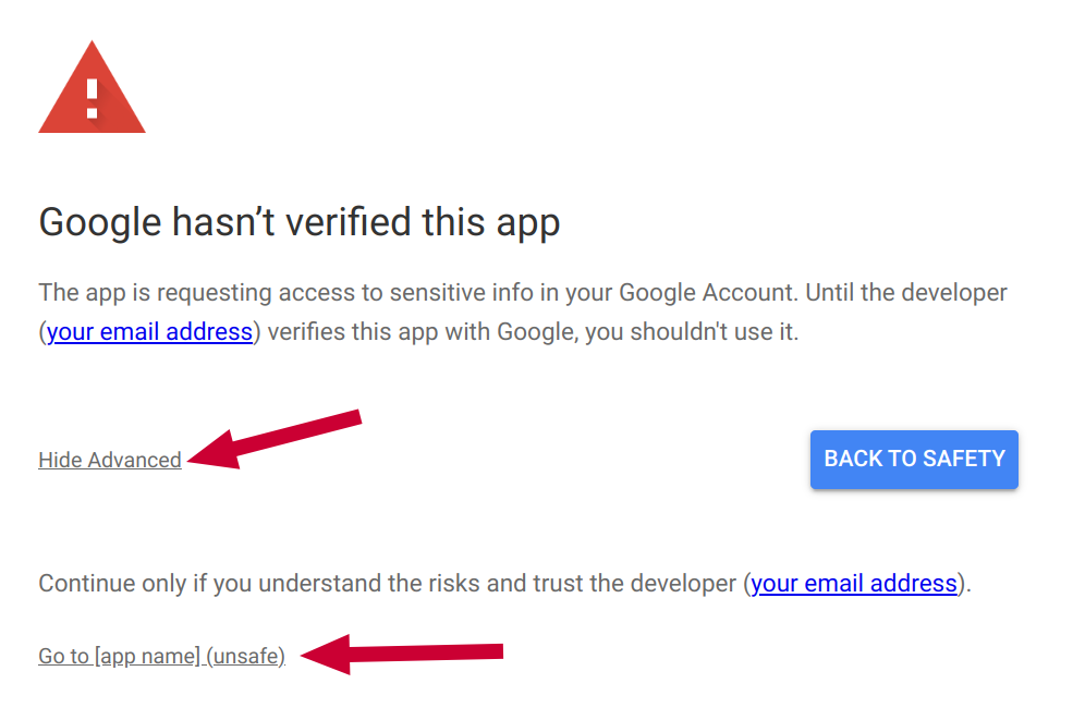 Screenshot of a warning that reads "This app hasn't been verified by Google yet. Only proceed if you know and trust the developer". Arrows point to links that say "Advanced" and "Go to Keyboard Word Generator (unsafe)".