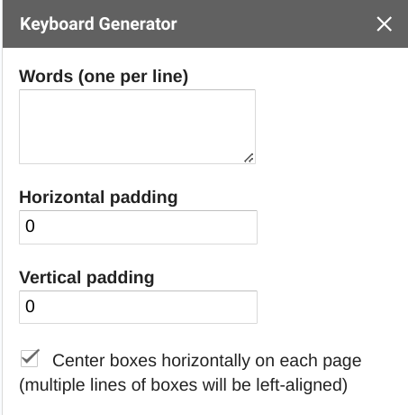 Screenshot of a sidebar with form fields for "Words", "Horizontal padding", "Vertical padding", and "Center boxes horizontally".