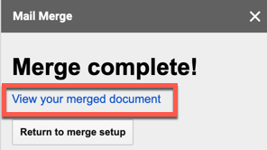 "Merge complete!" message with a link to view the merged document.