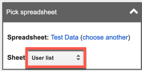 Sidebar showing the connected spreadsheet name with the sheet selector highlighted.