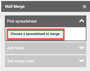 Mail Merge sidebar with the "Choose a spreadsheet to merge" button highlighted.