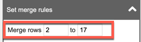 Set merge rules panel with the row range fields highlighted.
