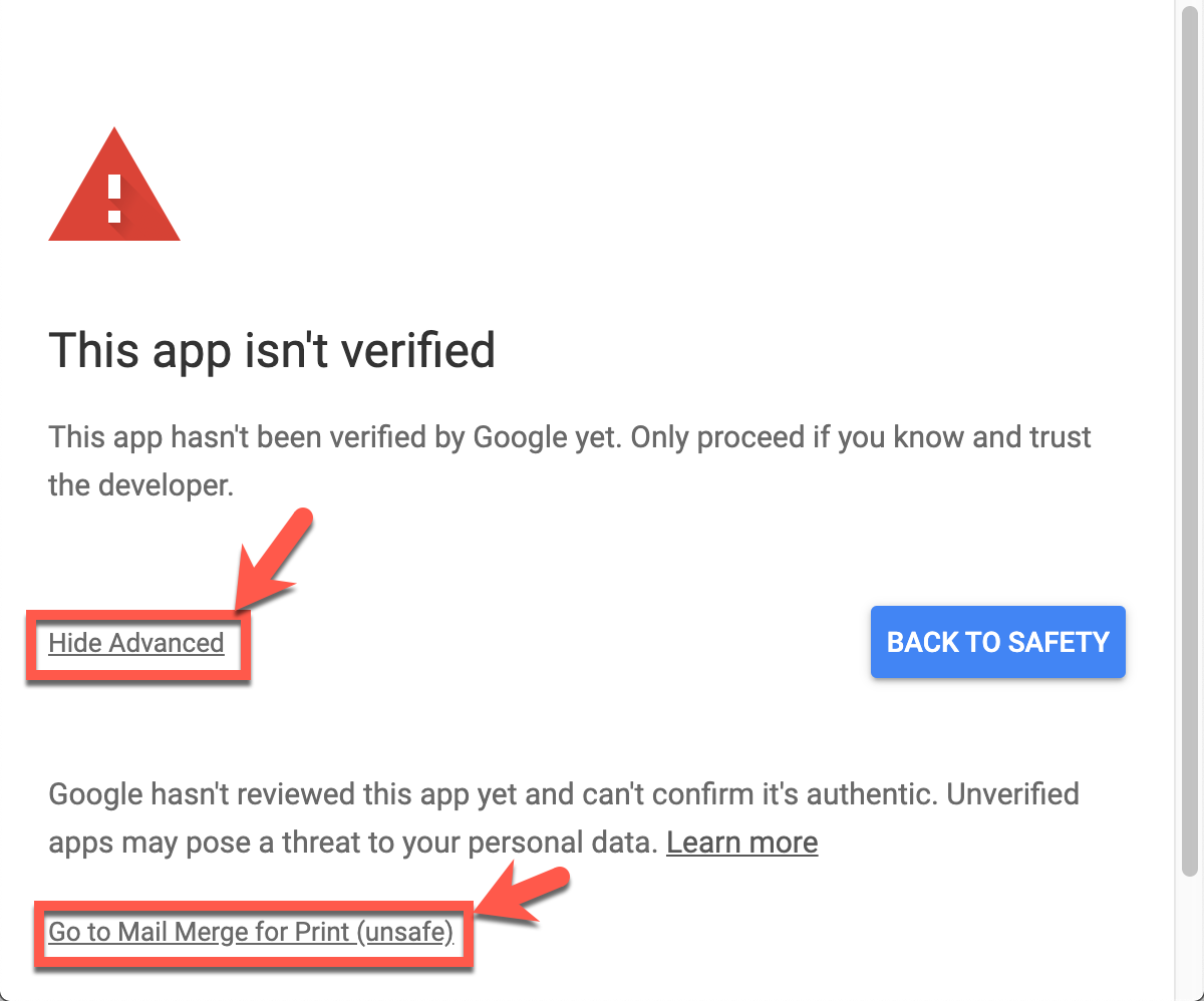 Google's unverified app warning screen, with arrows pointing to the "Advanced" link and the "Go to Mail Merge for Print (unsafe)" link.