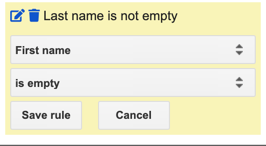 Edit rule form open below an existing rule, showing the same column, type, and value fields as the new rule form.