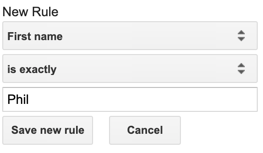 New rule form with a column selector, rule type selector, comparison value field, and a "Save new rule" button.