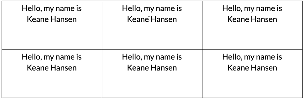 Merge result showing the same name, "Keane Hansen," repeated in all six name tags on the page.