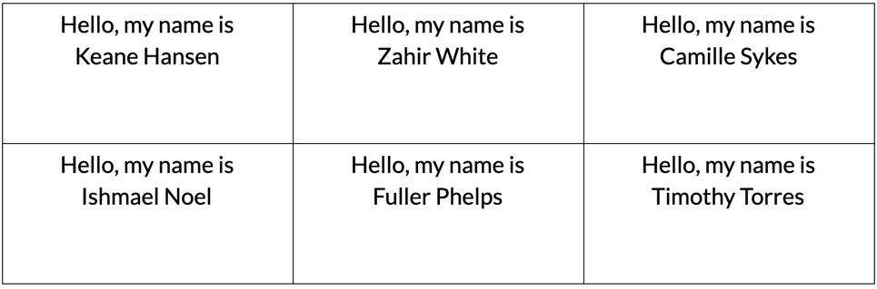 Merge result showing a different name in each of the six name tags.
