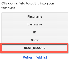 Add fields panel with the NEXT_RECORD button highlighted.