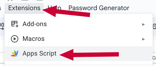 Screenshot of an open menu with "Extensions" and "Apps Script" highlighted.