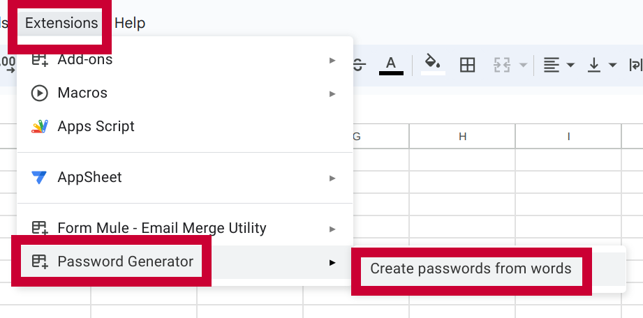 Screenshot of an open menu tree with "Extensions", "Password Generator", and "Create passwords from words" highlighted.