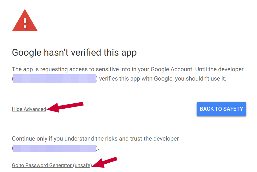 Google's unverified app warning screen, with arrows pointing to the "Advanced" link and the "Go to Password Generator (unsafe)" link.