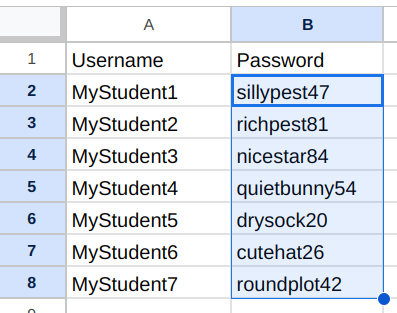Screenshot of a two-column spreadsheet. The left column has a list of sample usernames and the right column has a list of kid-friendly passwords, such as "sillypest47" and "nicestar84".