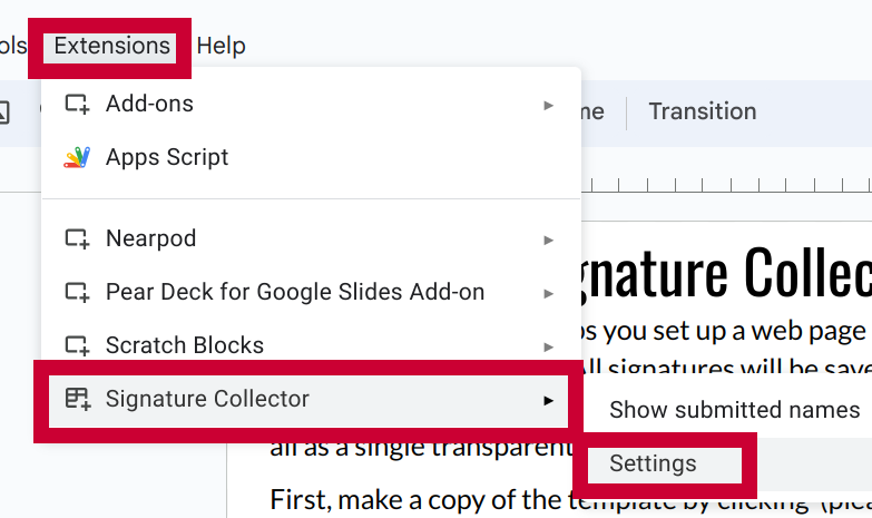 Google Slides Extensions menu is open with Signature Collector and "Settings" options highlighted in red.