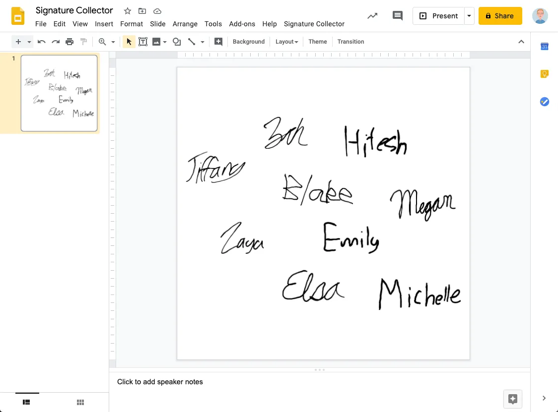 A Google Slide covered edge-to-edge with handwritten signatures.