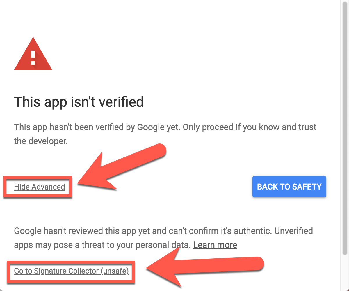 Google's unverified app warning screen, with arrows pointing to the "Advanced" link and the "Go to Signature Collector (unsafe)" link.