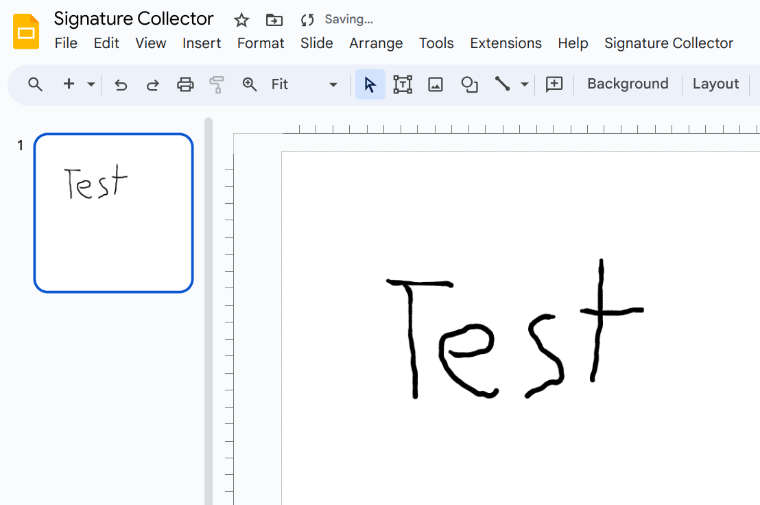 A test signature reading "test" placed on an otherwise blank Google Slide.