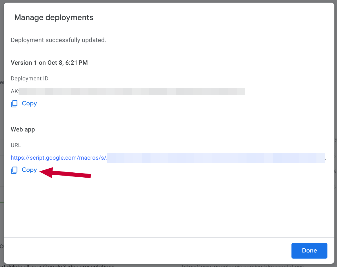 Web app URL confirmation screen with an arrow pointing to the copy button next to the URL.