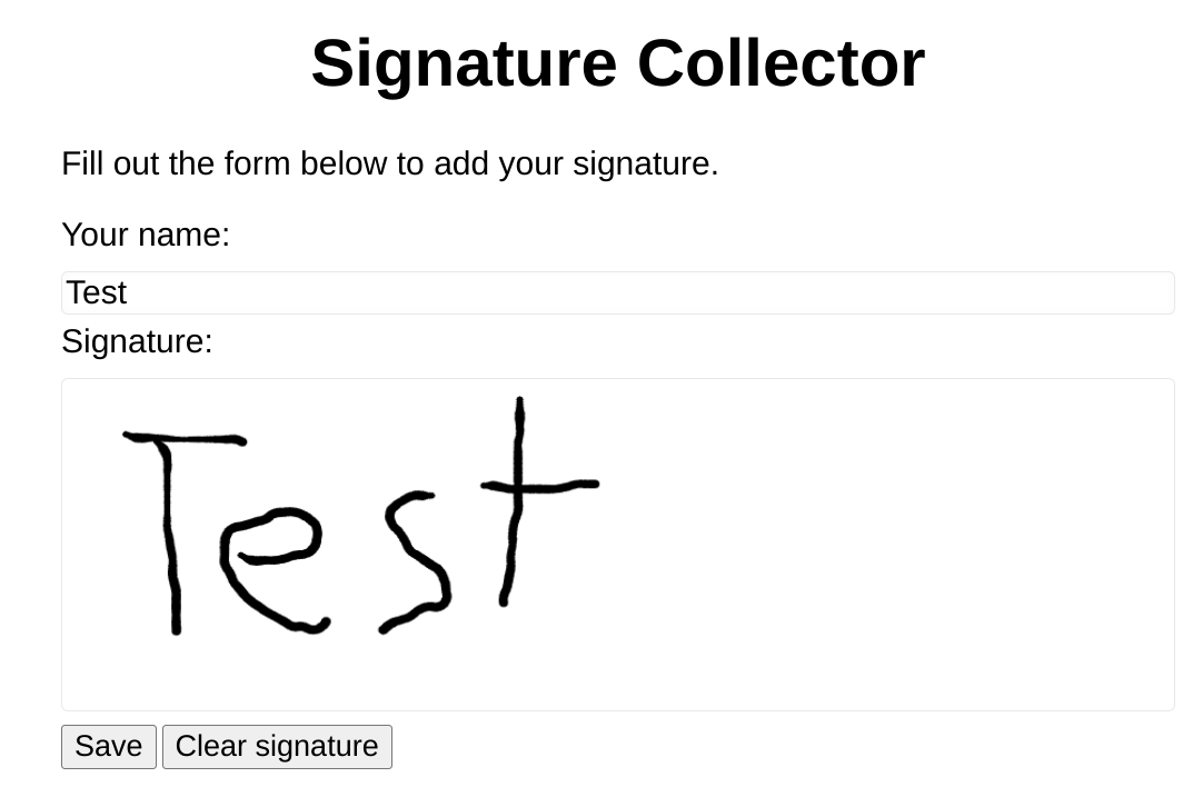 Signature submission form with a handwritten signature reading "test".