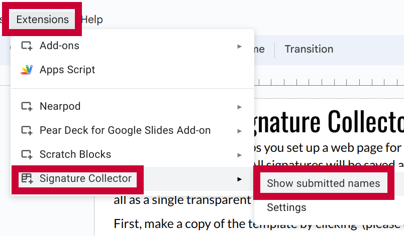 Google Slides Extensions menu open with Signature Collector and "Show submitted names" options highlighted in red.