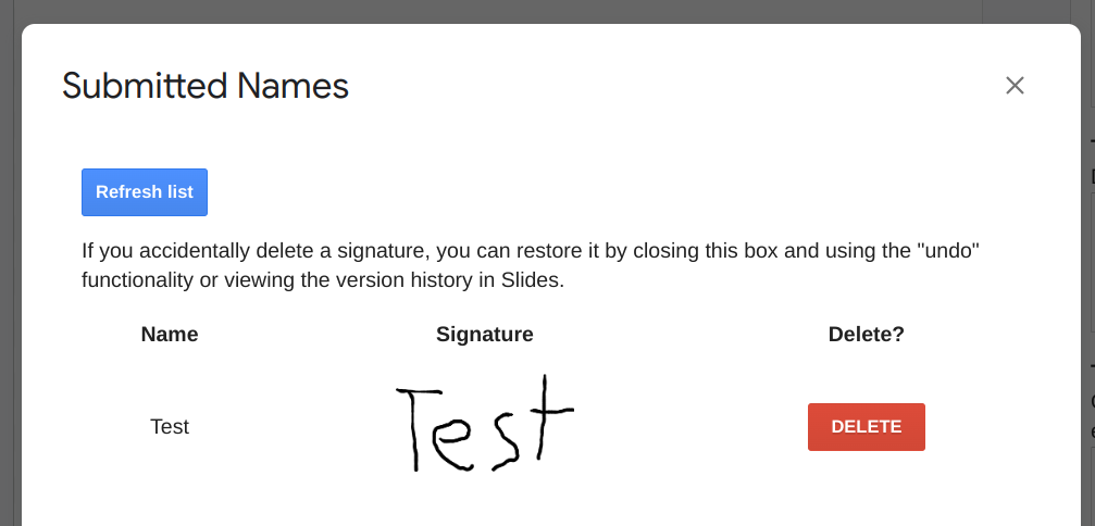 A "Submitted names" dialog with a table of Name, Signature, and Delete columns containing one test signature row.